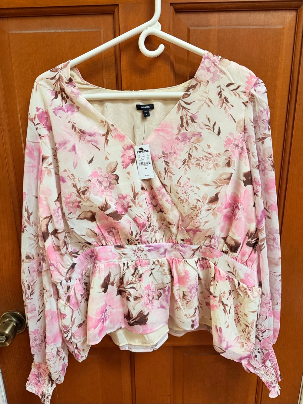 Express Floral Wrap Peplum Blouse in Pink and Cream